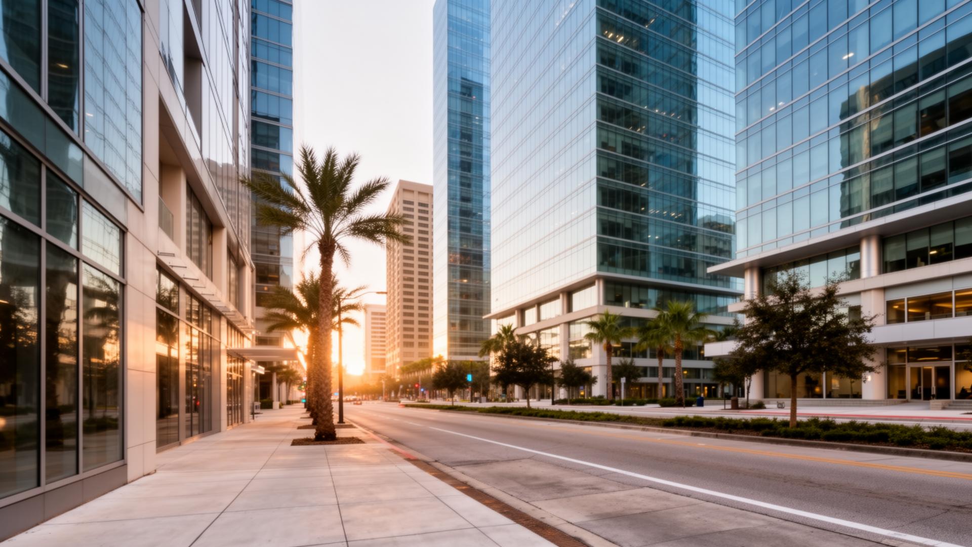 Downtown Tampa Bay street between glass office towers