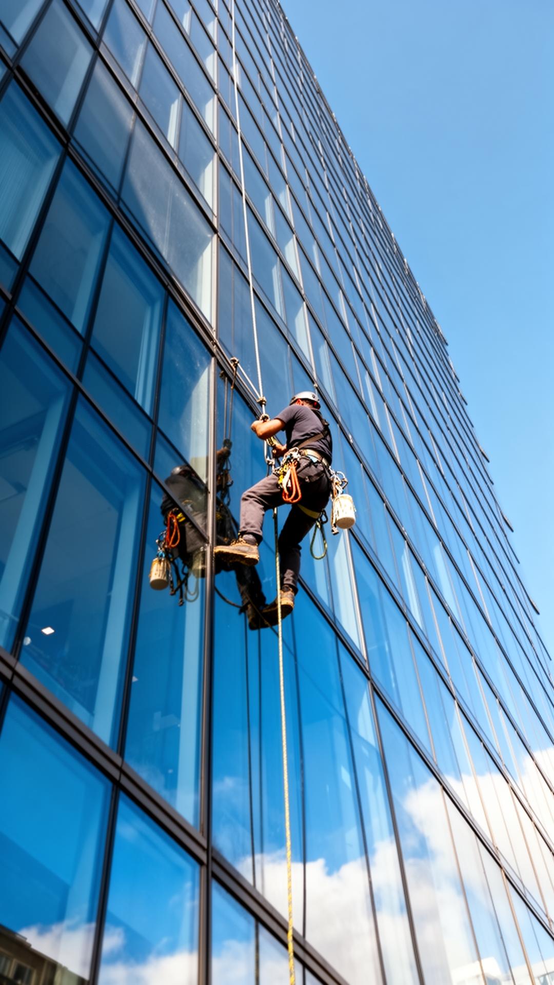 Rope-access window cleaner on a high-rise glass facade